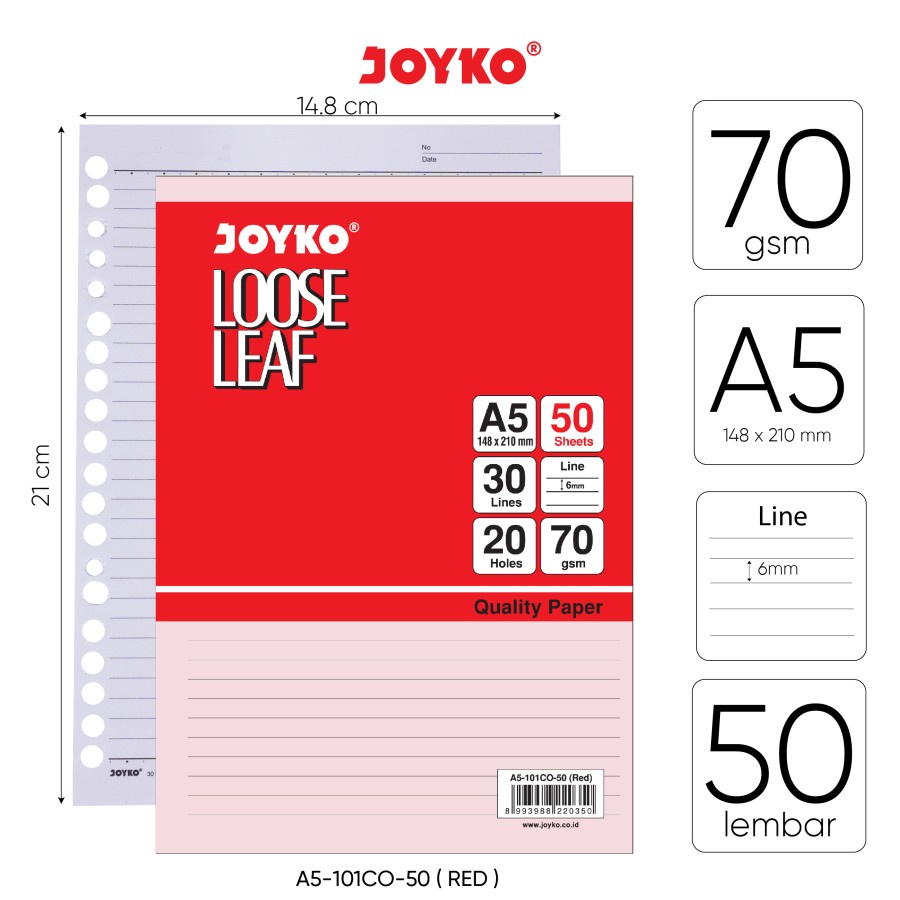 Loose Leaf Color Isi Kertas File Binder Warna Joyko A5-101CO-50 Red