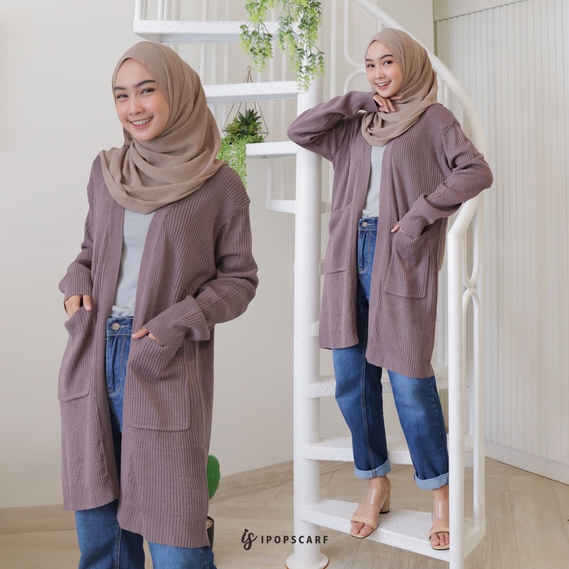 LUMA LONG CARDI | cardigan rajut panjang, soft knit cardigan-DARK GREY