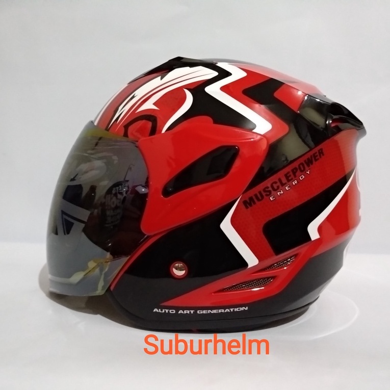 HELM  GM  FIGHTER  MUSCLE POWER   RED  / BLACK   HALF FACE  SINGLE VISOR  SNI  ORI