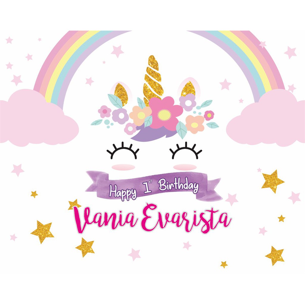 PAKET BANNER ULANG TAHUN LABEL TABLE DESSERT ULTAH UNICORN CUSTOM