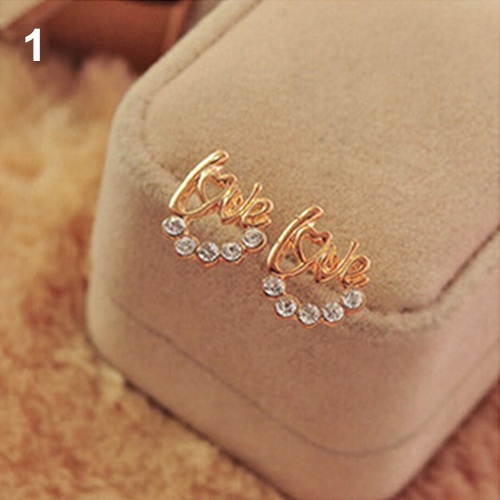 Hu Hu Hu Hu Hu Alat Bantu Pasang Kacamata♡ Anting Tusuk Desain Tulisan Love Hias Berlian Imitasi Gaya Elegan Berkilau Untuk Wanita