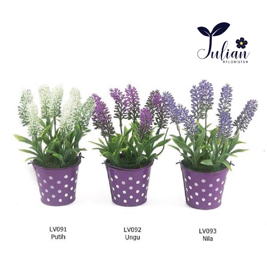 LV09 Buket Bunga Lavender Vas Ember Polkadot/ Bunga Plastik/ Bunga Lavender/ Bunga Meja