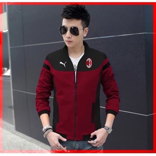 F657 Jaket Bomber Milan New CL Outer Atasan Sweater Sepak Bola Pria Tricott Merah Maroon Modis