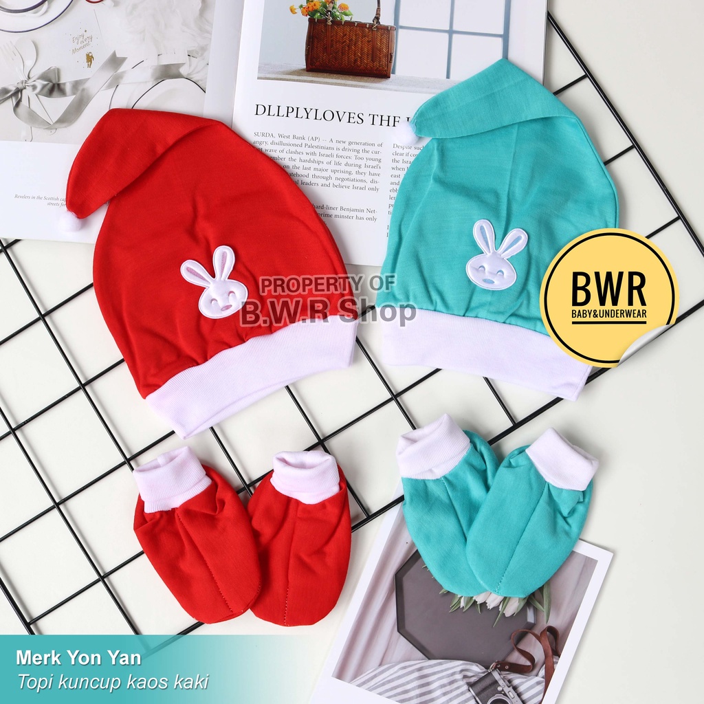 Topi Set Kaos Kaki YONYAN Rabbit | 0-6 M Topi Bayi Newborn / Topi Anak Cewek Cowok Yon Yan - Bwr IX