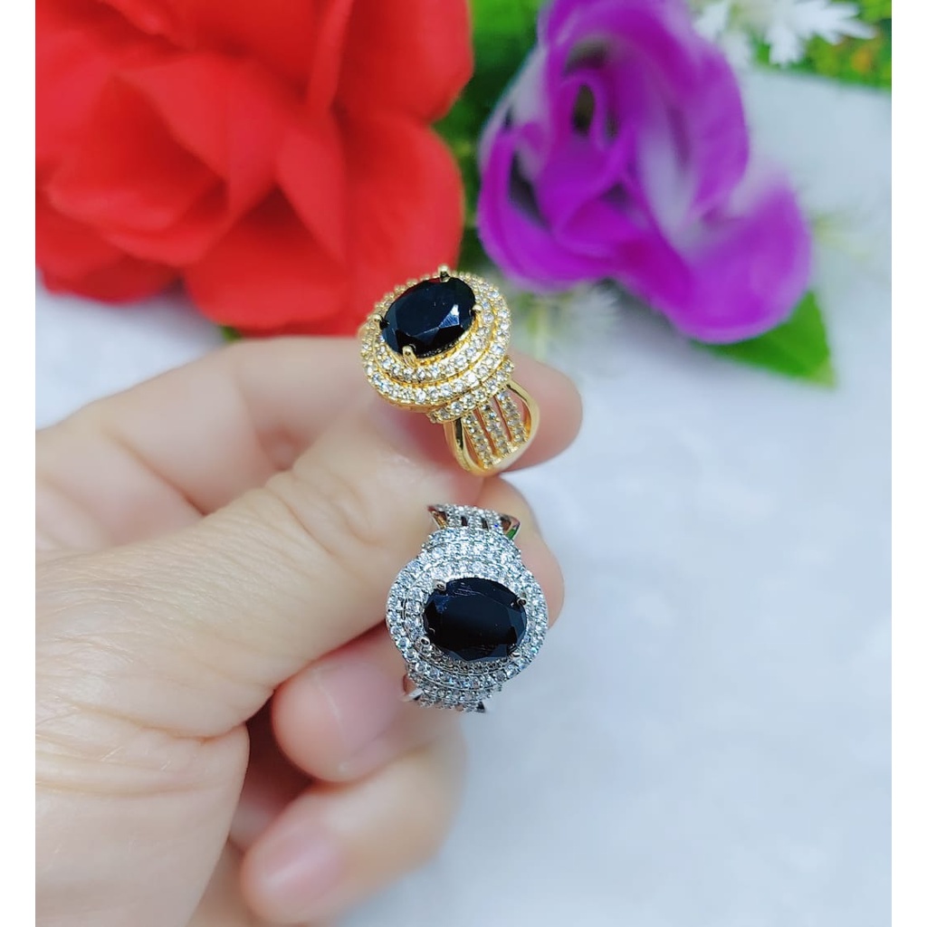 Cincin xuping lapis emas permata putih dan mata hitam perhiasan fashion