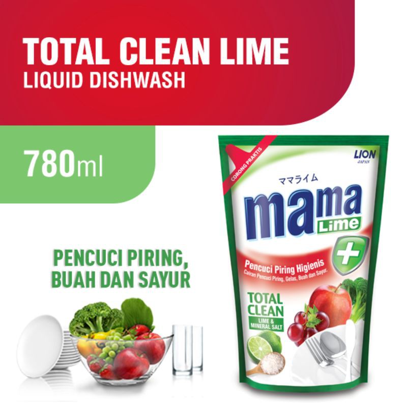 PENCUCI PIRING MAMA LIME TOTAL CLEAN +MINERALSALT  LEMON / GREEN TEA / CHARCOAL 780ML REFILL POUCH