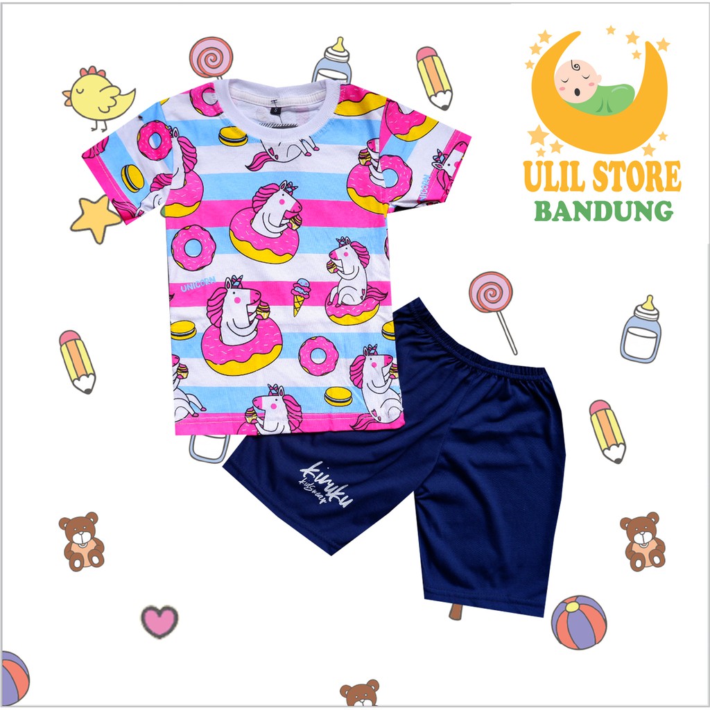 SETELAN BAJU ANAK PENDEK USIA 1-8 TAHUN BAHAN KATUN LEMBUT 30s MOTIF UNICORN