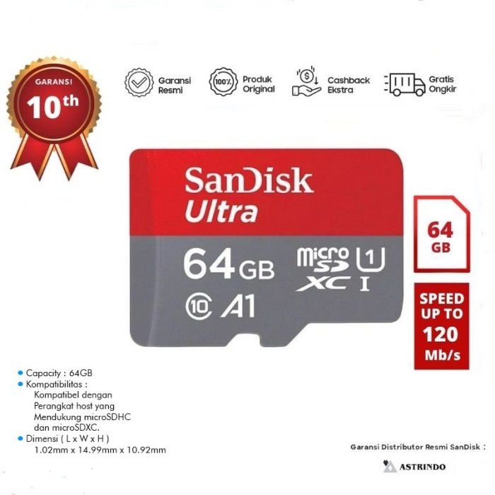 Memory Card MMC Sandisk Ultra 120mbps - 150mbps A1 SDXC UHS-1 - Garansi Resmi 10 Tahun - Original