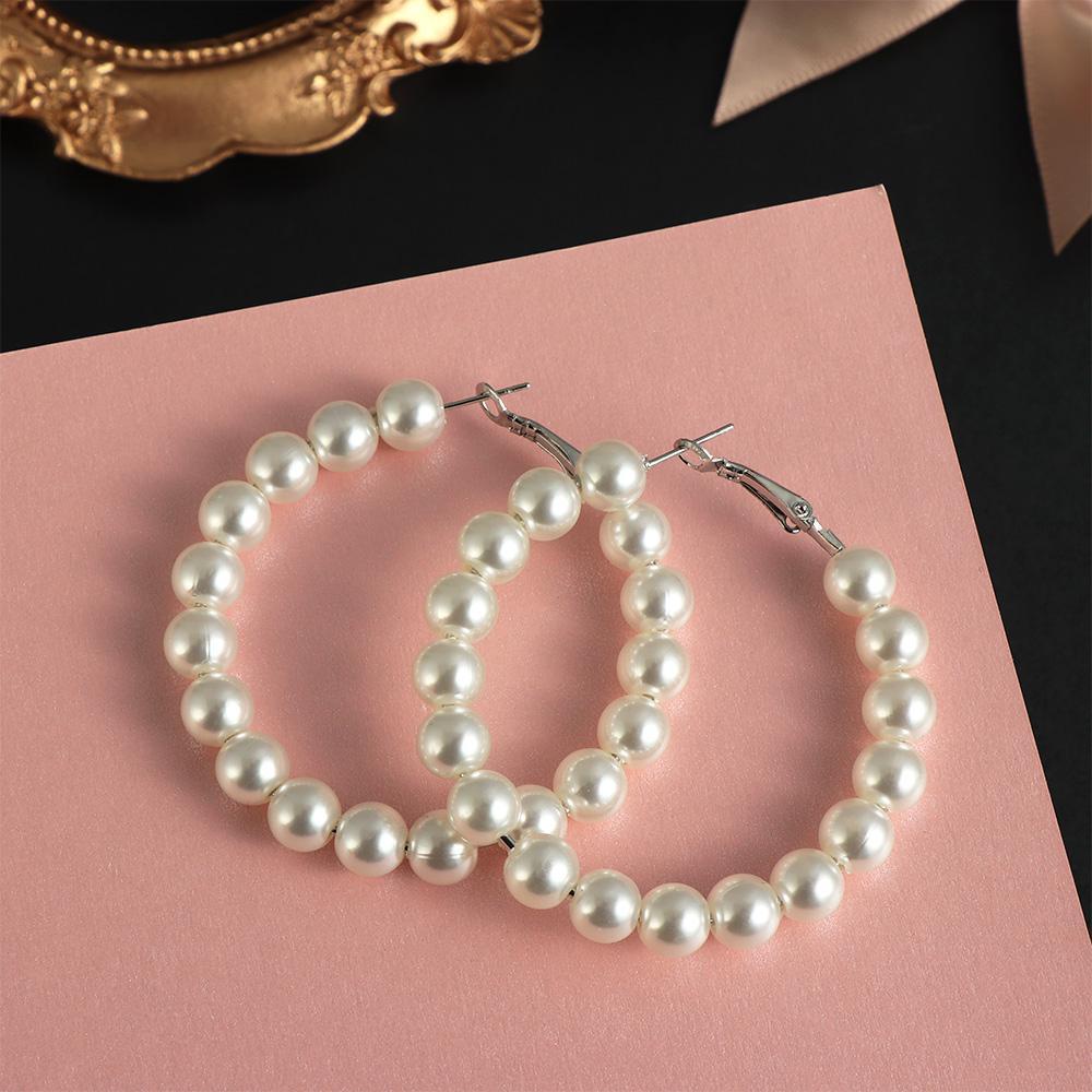 R-flower Pearl Hoop Earrings Wanita Pernikahan Pertunangan Lingkaran Besar Bentuk Bulat