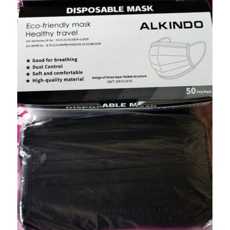 Masker Alkindo 3Ply Earloop | Warna Hitam 50 pcs