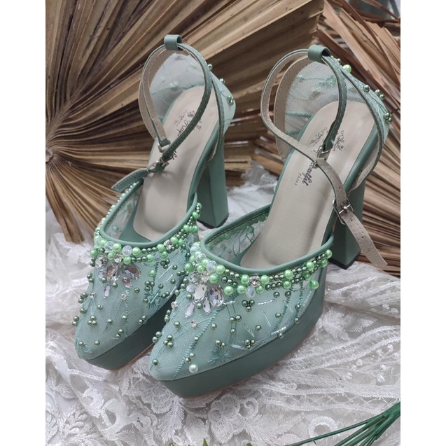 sepatu wanita wedding Zaneta sage green tali 12cm tahu