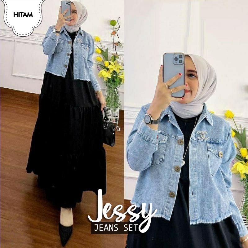 Baju Gamis Pesta Setelan Rompi Dan Muslim Perempuan Set Jes Washed Jeans Dan Shakila Tebal Premium G
