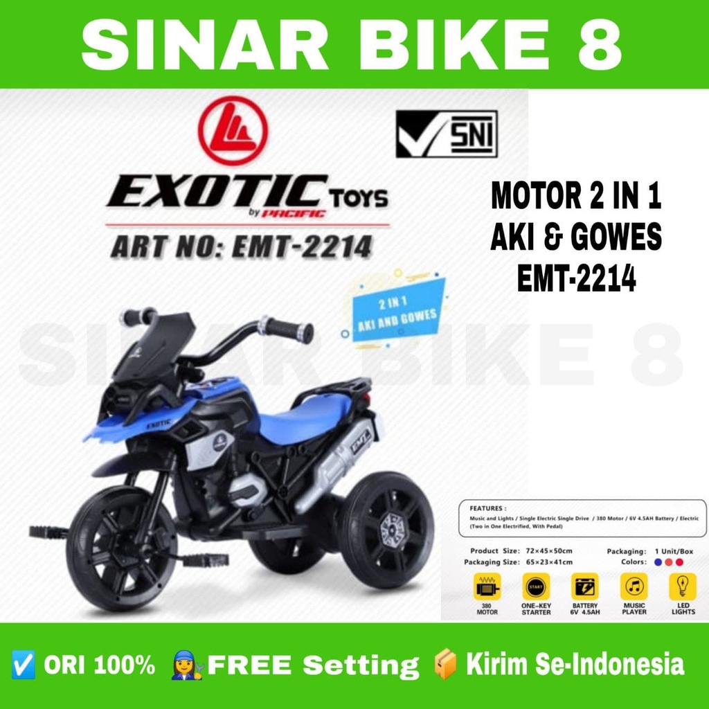 Motoran Aki EXOTIC Tricycle EMT 2214, 2 in 1 Model Terbaru Bisa Digowes