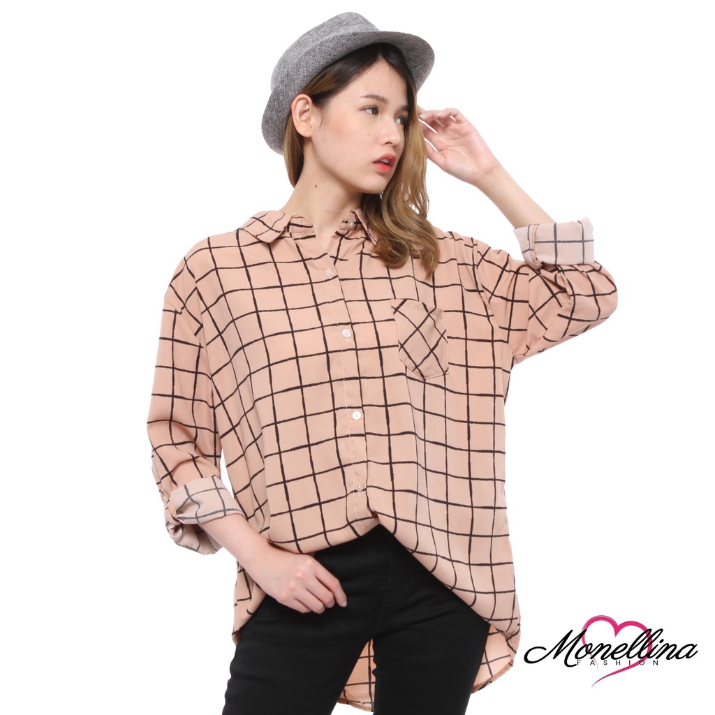 BL - 06177 Kemeja Oversize Wanita Lengan Panjang Kotak