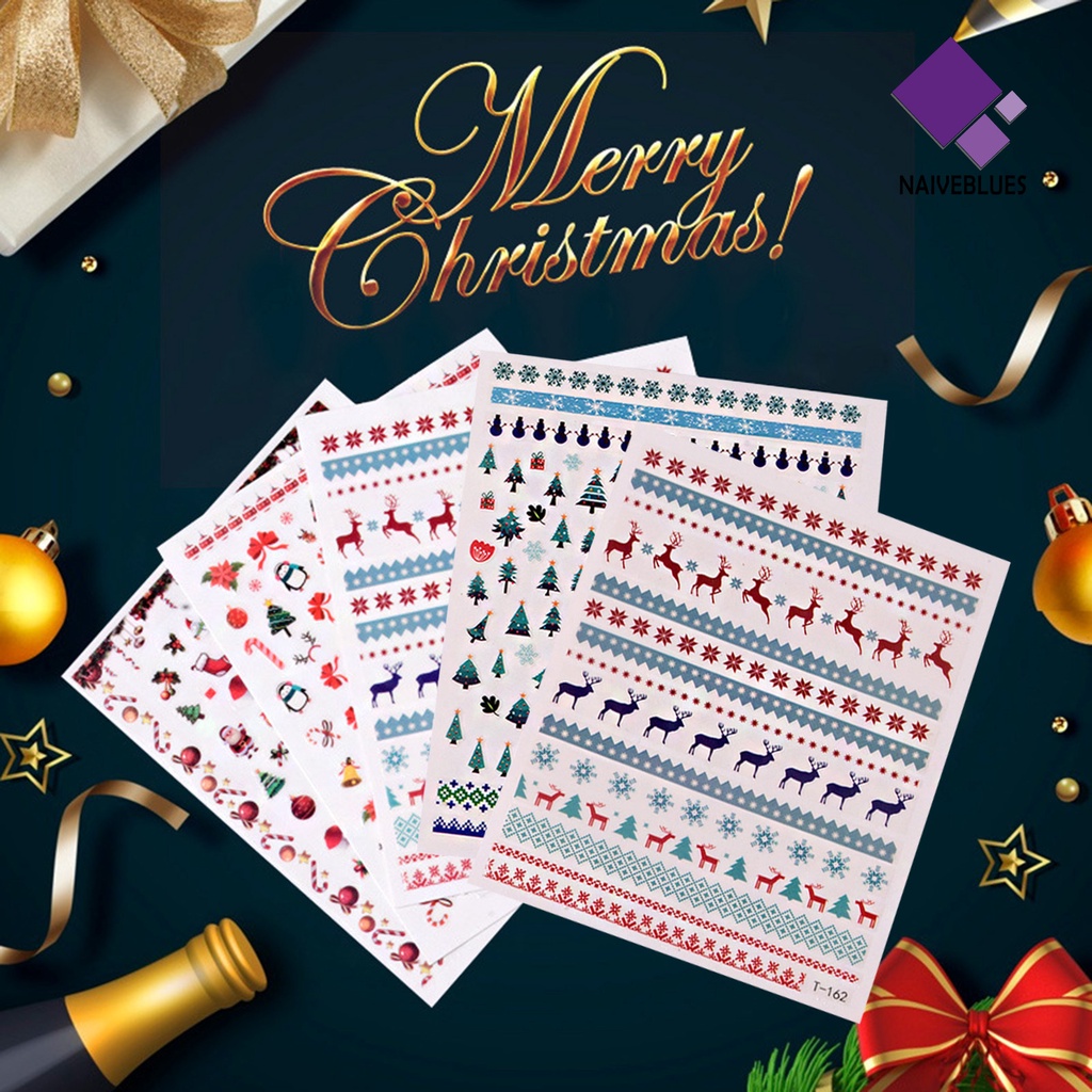 Naiveblue > 2Pcs / Set Stiker Decal Motif Kartun Natal Ultra Tipis Anti Air Untuk Dekorasi Nail Art