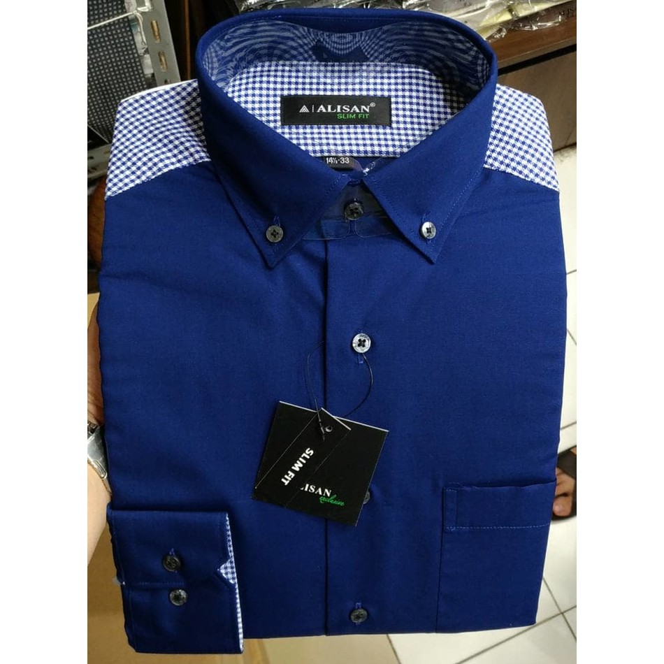 Kemeja Pria Alisan Slimfit Panjang Biru Navy Hijau Tosca Kombi Pundak - Navy, Xl Best Quality