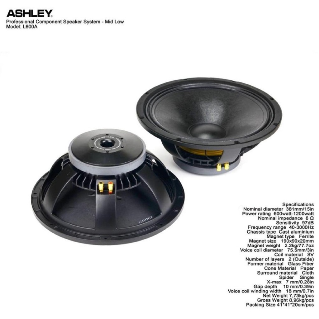 SPEAKER WOOFER ASHLEY L600A 15 INCH COMPONEN MID LOW 1200 WATT