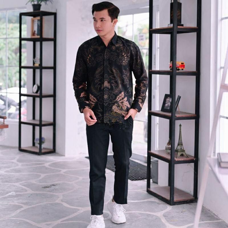 MAHKOTA SOGAN kemeja batik pria SLIMFIT lengan panjang lapis furing - batik pria lengan panjang premium FULL Furing jumbo modern anak muda  hitam abu abu