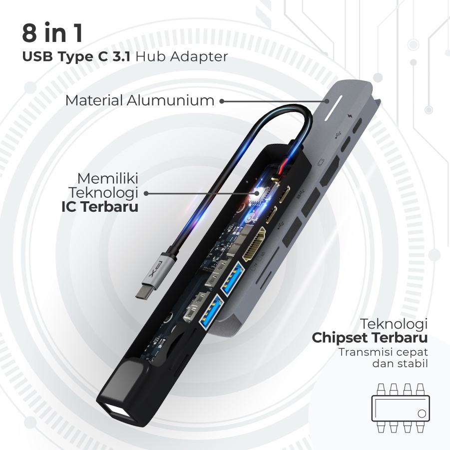 Converter Hub Adapter 8 in 1 Type C 3.1 to USB C 4K HDMI PX UCH08