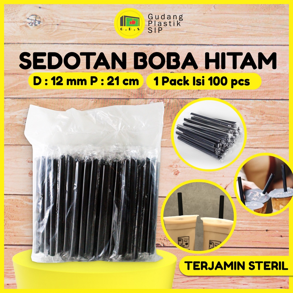 Sedotan Boba Hitam Runcing 12mm x 21cm/Higenis Steril Bungkus Plastik