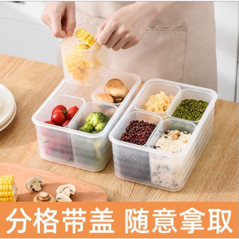 toples segi 4 sekat/kotak penyimpanan makanan buah bijian serbaguna bahan plastik tutup