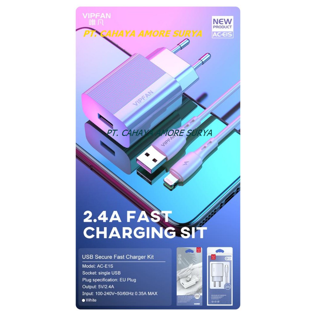Cas HP VIPFAN all charger fast charging ORIGINAL AC-E1S 2.4A ANDROID MICRO ,IPHONE LIGHTNING &TYPE-C