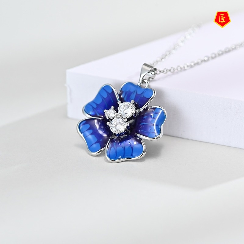 [Ready Stock]Blue Necklace Large Flower Diamond Ear Stud Suit