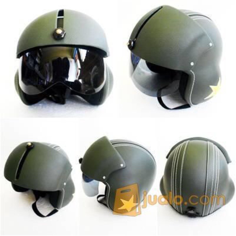 helm pilot retro klasik kulit kaca riben hijau army tentara