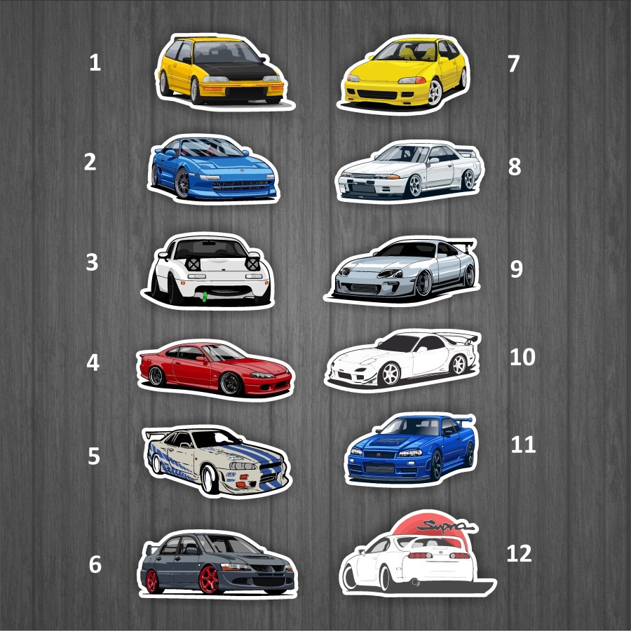 

Sticker Vinyl JDM Cars 12Pcs Mobil Japan Decal Handphone Tumblr Gitar Laptop