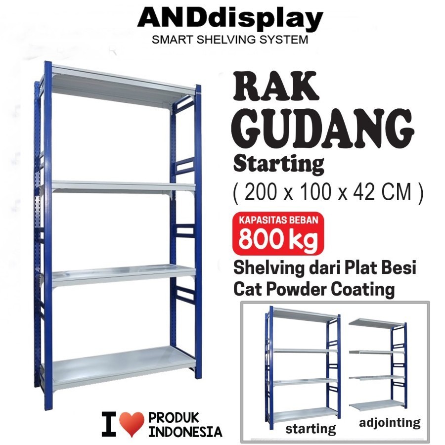 RAK GUDANG BESI BOTLESS STARTING T.2M X L.42 X P.100 CM ANDDISPLAY