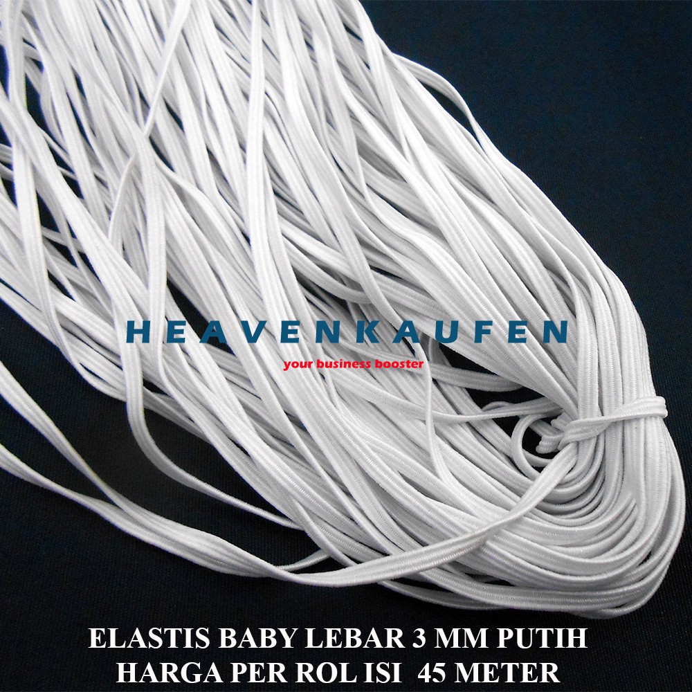 Karet Elastis BABY Kecil Lebar 3 mm Putih Harga Per Rol isi 45 Meter Untuk Tali Masker Dll