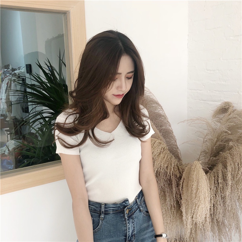 Kaos Rajut Wanita Basic Color Korean Style V neck Atasan Lengan Pendek Knit T-shirt
