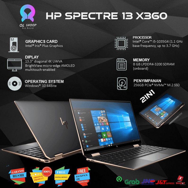 Laptop HP Spectre 13 X360 4K UHD Touch Intel Core I5 1035G4 RAM 8GB 256GB ssd Windows 10 13.3 Inch