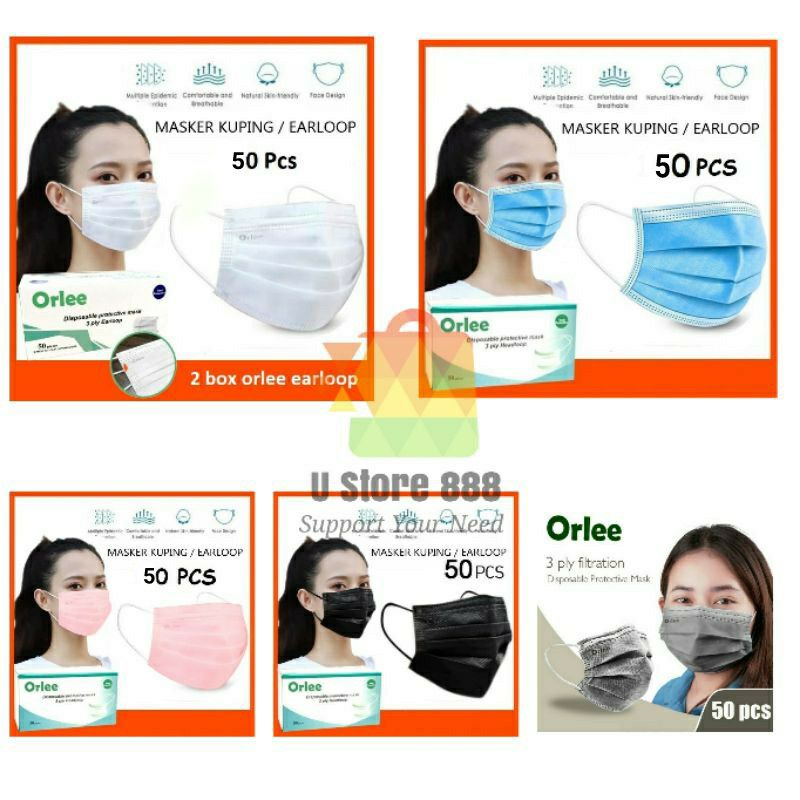 Masker 3ply Orlee Earloop / masker 3 ply / masker orlee earloop 50pcs EMBOSS