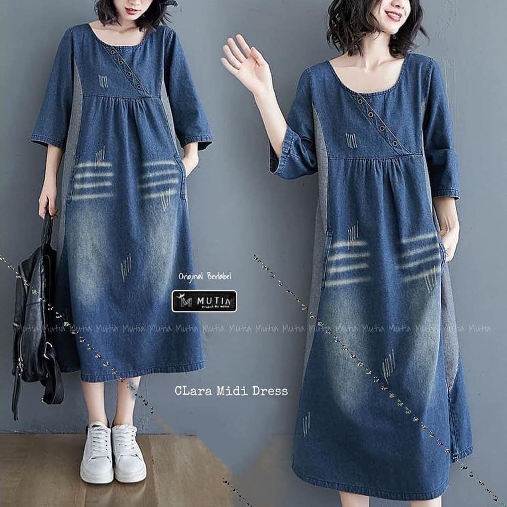 midi dress jeans jumbo - dress jeans jumbo terbaru oversize dress casual