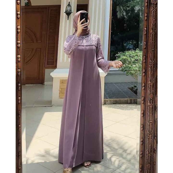 Gamis Brukat Gliter Payet Maxmara Premium Original Lengan Panjang Dress Wanita Party Dress Fashion Muslim Kekinian LD 110 cm