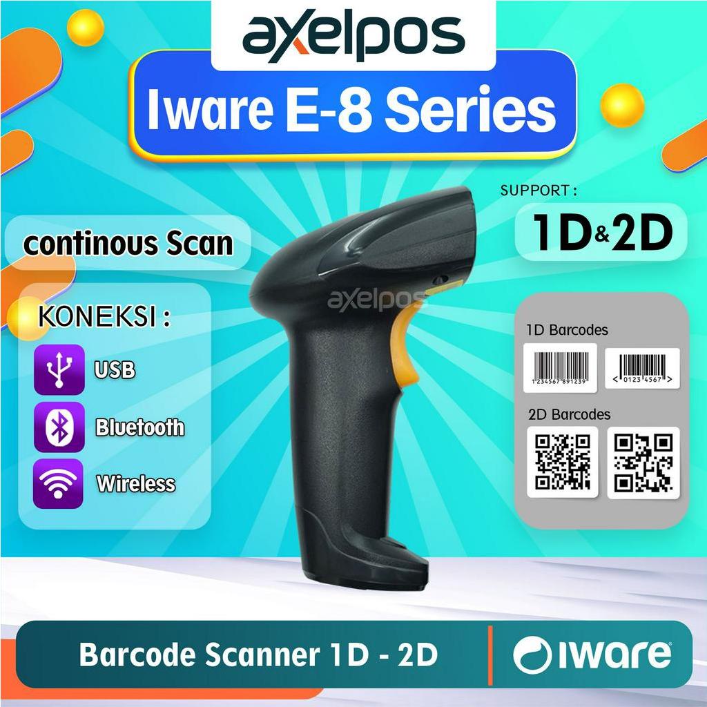 Barcode Scanner USB - Bluetooth - Wireless 1D / 2D Continous Scan Iware E8 Series