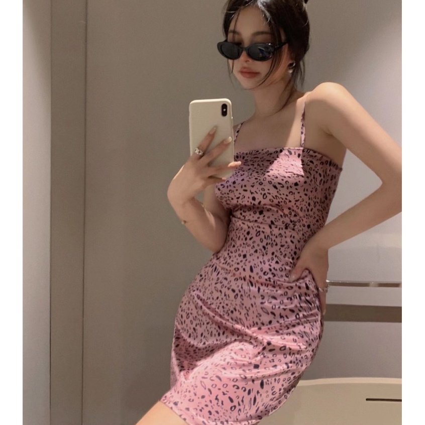 【AMY J】Jennie Style Sexy Korean Style Trend Slim Leopard Print Slip A-Line  Bodycon Dress 7364