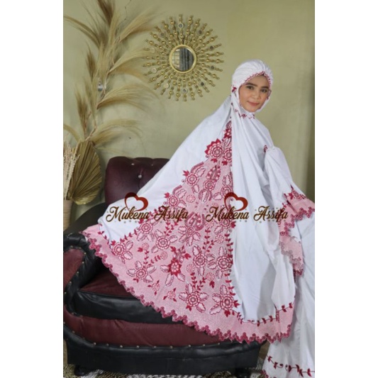 mukena putih bordir maron bordir padang bukittinggi