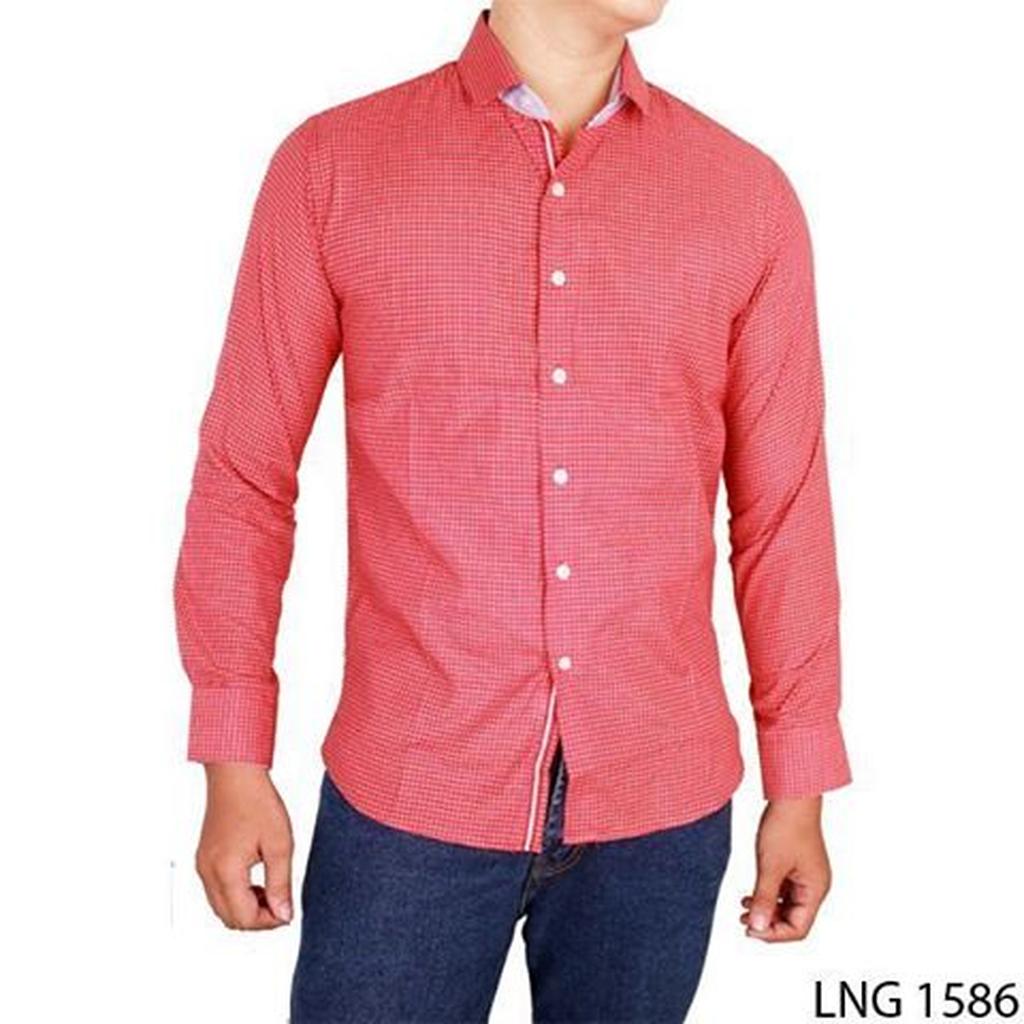 Baju Slim Fit Casual Lengan Panjang Pria Katun Merah Muda – LNG 1586