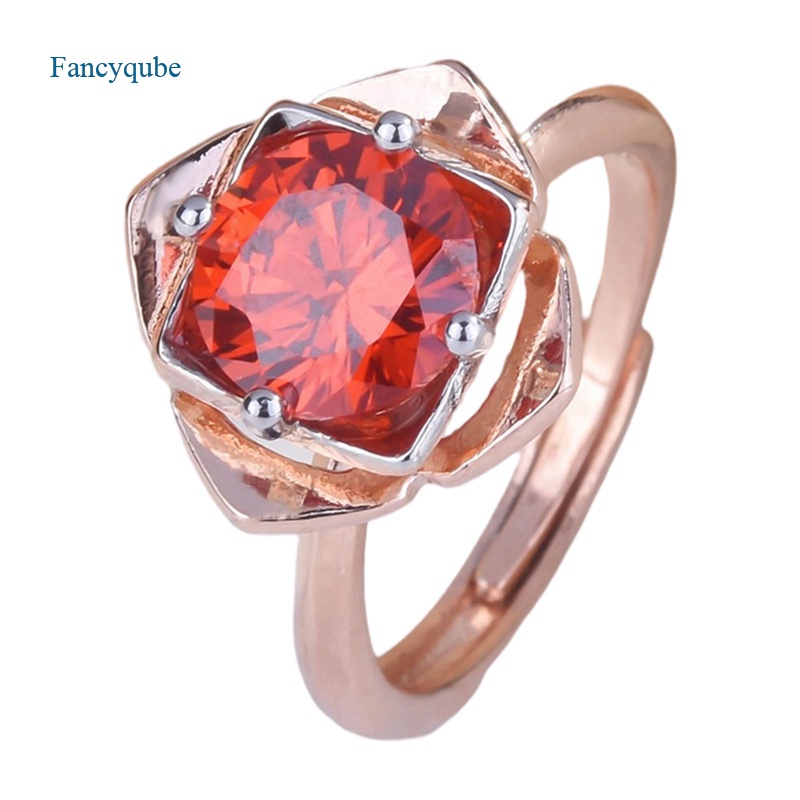 Fancyqube Cincin Adjustable Desain Bunga Mawar Warna Merah Bahan Cubic Zircon Aaa Untuk Wanita