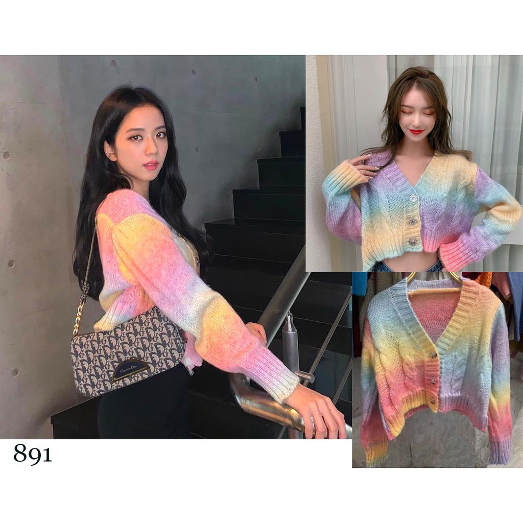 Atasan Rainbow Knit Cardi [BLACKPINK] Bahan Rajut Premium size M-L | Cardigan Jisoo Kekinian