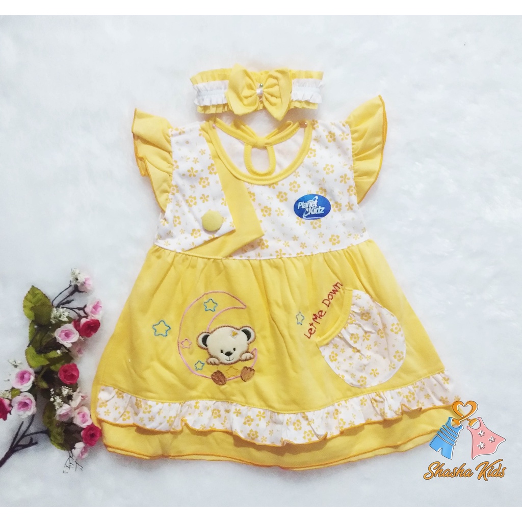[S-030] Baju Bayi Perempuan /Dress Bayi Perempuan Planet Kids cantik Murah 0-6 bln Bonus BANDANA &amp; Celana dalam Bayi