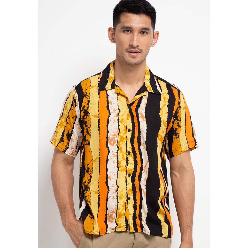 Nade Japan NTA48 Kemeja Pria Branded Casual Keren Lengan Pendek Open Collar Salur Kubus Warna Kuning
