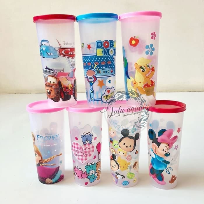 Gelas Minum Plastik / Gelas Minum Motif Kartun + tutup 500mL