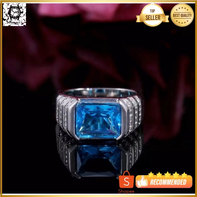 Cincin Pria Perak Topaz Sky Blue Cutting Mewah Berkelas Kantoran Simple Elegan Minimalis