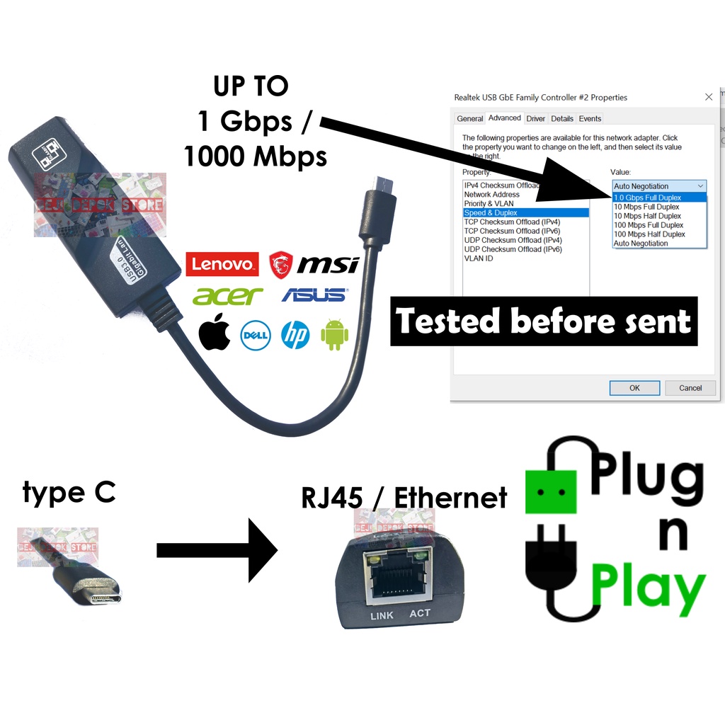 Type C  to Ethernet Gigabit LAN RJ45 1Gbps 1000Mbps Network