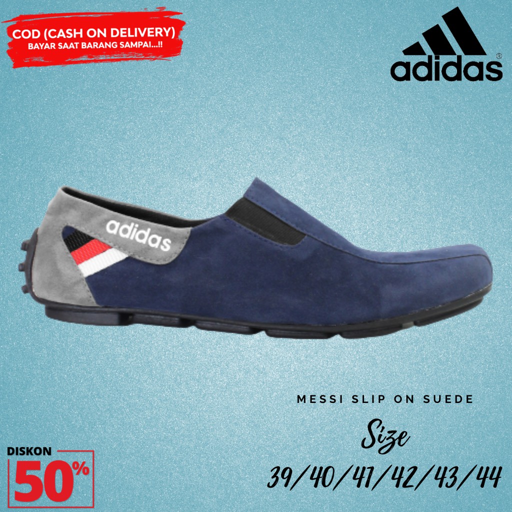 SIAP KIRIM Sepatu Slip On Pria Adidas Messi Navy Murah Suede Selop Kasual Santai Kerja Jalan Cowo