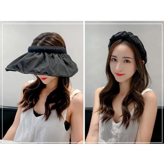 TOPI PANTAI WANITA VISOR LEBAR SUMMER SENAM OUTDOR LIPAT ANTI UV MATAHARI FASHION KOREA IMPORT ZV