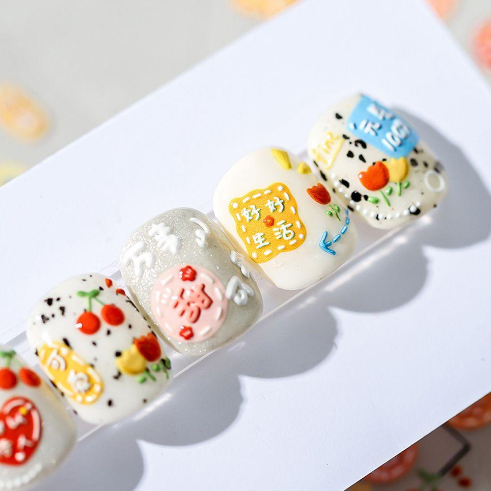 Agustina Kartun Stiker Kuku Fashion 3D Relief Karakter Cina Buah Bunga Perekat Diri Nail Art Dekorasi